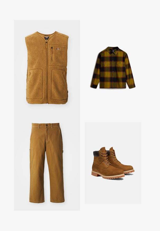 Brun sherpa fleece vest med frontlynlås, tre lommer og et lille logo-patch på øverste venstre bryst.; Flannelskjorte med tern i gul, grøn, sort og rød. Har to brystlommer, knaplukning foran og krave. Blød tekstur.; Brune bomuldsbukser med lige pasform, forstærkede sømme og sidelommer. Har en knaplukning og bæltestropper i taljen.; Brune ruskinds ankelstøvler med en polstret sort krave, gyldne snørehuller og en tyk gummisål med en mønster, der giver godt greb.