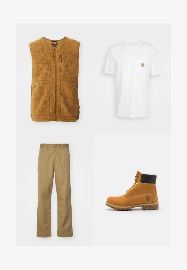 Braune Sherpa-Fleece-Weste mit Frontreißverschluss, drei Taschen und einem kleinen Logo-Patch auf der oberen linken Brust.; Weißes Baumwoll-T-Shirt mit kurzen Ärmeln, einer Brusttasche und einem kleinen quadratischen Logopatch in Orange und Weiß auf der Tasche.; Khaki Chinos mit geradem Bein, aus glattem Baumwollstoff gefertigt. Mit einer Knopfverschluss vorn und seitlichen Taschen.; Braune Leder-Ankle-Boots mit Metallösen, weißem Kunstfellfutter, schwarzem gepolstertem Kragen, robustem Sohlenprofil und geprägtem Logo an der Seite.
