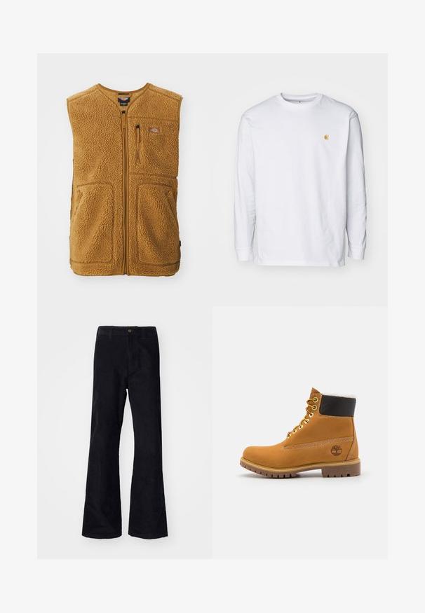 Brun sherpa fleece vest med frontlynlås, tre lommer og et lille logo-patch på øverste venstre bryst.; Hvid langærmet t-shirt lavet af bomuld. Har et lille gyldent logo på brystet og en rund halsudskæring. Enkel design og standard pasform.; Sorte, bomuldsforlængede bukser med en traditionel linning, enkelt forreste knap og lommer på siderne og bagpå. Glat tekstur.; Brune læder ankelstøvle med metaløjer, hvid pelsforing, sort polstret krave, robust sål og præget logo på siden.