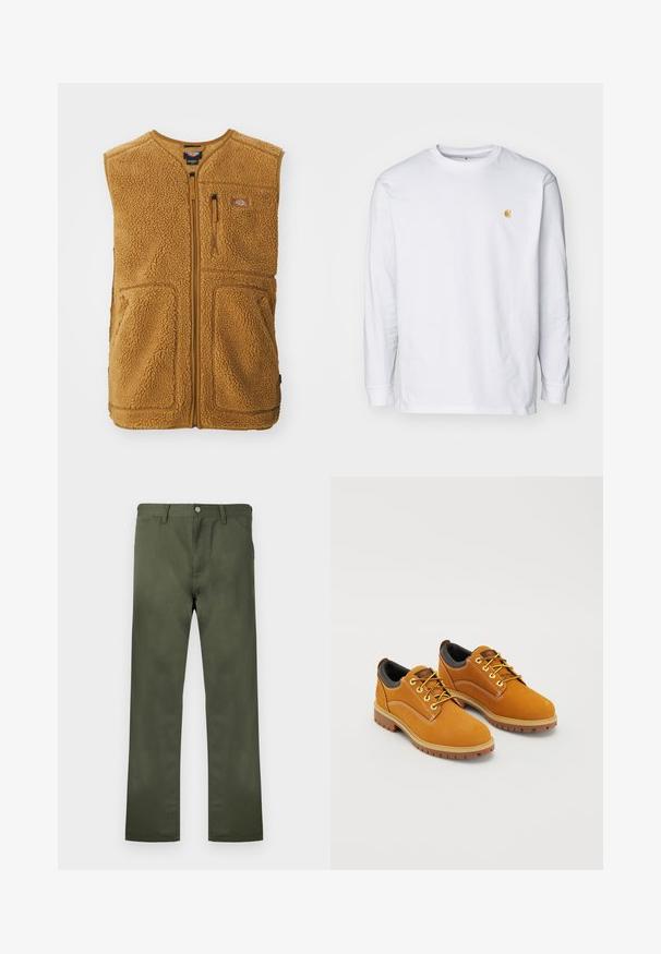 Braune Sherpa-Fleece-Weste mit Frontreißverschluss, drei Taschen und einem kleinen Logo-Patch auf der oberen linken Brust.; Weißes Langarm-T-Shirt aus Baumwolle. Mit kleinem goldenem Logo auf der Brust und Rundhalsausschnitt. Einfaches Design und normale Passform.; Olivegrüne Hose aus strapazierfähigem Stoff, mit geradem Bein, Taschen vorne und Knopfverschluss. Glatte Textur.; Braune Wildlederschuhe mit einer runden Zehenpartie, gelben Schnürsenkeln, einem gepolsterten schwarzen Kragen und Gummisohlen mit Rillen für besseren Halt.