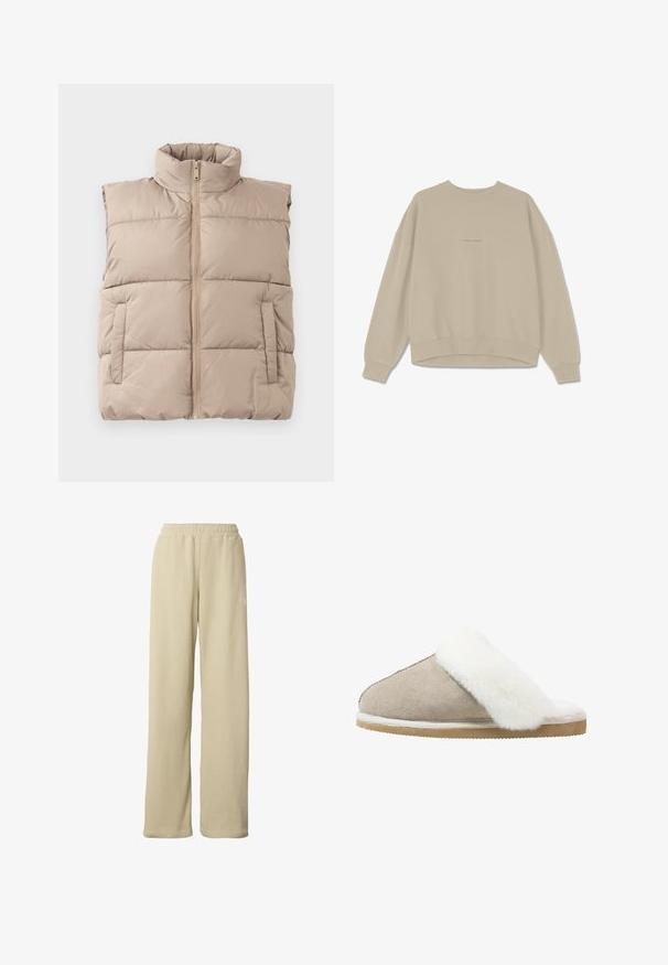 Beige gesteppte ärmellose Weste mit hohem Kragen, Frontreißverschluss und zwei Seitentaschen, flach auf einem weißen Hintergrund ausgelegt.; Beige Sweatshirt aus weichem Baumwollmaterial, mit Rundhalsausschnitt, überschnittenen Schultern und gerippten Bündchen, auf der Vorderseite mit dem Wort "PEGAADOR" bestickt.; Beige gerippte Hosen mit weitem Bein, elastischem Bund und dezentem kleinem weißen Logo am oberen Oberschenkel.; Beige Wildleder-Slipper mit einem weißen, flauschigen Fellband über dem Obermaterial, ausgestattet mit einer strukturierten Außensohle für Grip und Komfort.