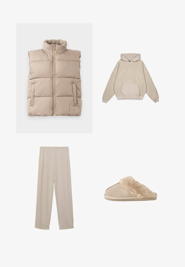 Beige gewatteerde mouwloze vest met hoge kraag, ritssluiting aan de voorkant en twee zijzakken, plat gelegd op een witte achtergrond.; Beige hoodie met een ontspannen pasvorm, buidelzak, omgeslagen mouwen en een gladde textuur. Heeft subtiele logodetails aan de voorkant.; Beige, lichte katoenen broek met een recht model, elastische tailleband en een gladde textuur. Geen zichtbare patronen of hardware.; Beige instappantoffel met zachte suède buitenkant en een zachte, pluizige voering en boord, ontworpen voor binnencomfort.