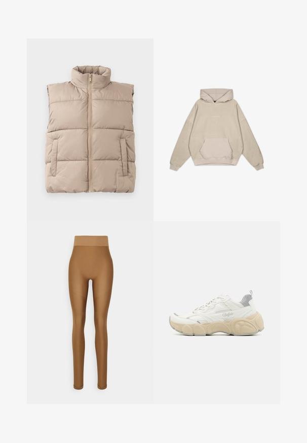 Beige polstret ærmeløs vest med høj krave, frontlynlås og to sidelommer, lagt fladt på en hvid baggrund.; Beige hætte sweatshirt med en afslappet pasform, kængurulomme, manchetter og en glat tekstur. Har diskrete logo-detaljer på forsiden.; Even&Odd active Tights - brown; Hvide sneakers med mesh og glat læderoverdel, der har en polstret krave, tekstureret gummisål og diskrete metalliske accenter.