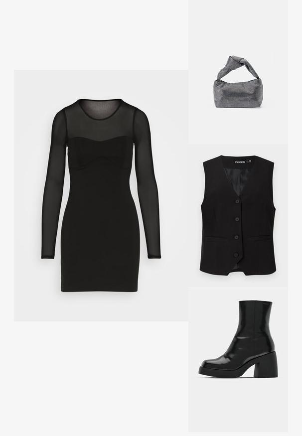 Sort ærmeløs vest med knapper og V-formet krave, to forlommer med kant og en glat inderforing, mærket "PIECES".; Abercrombie & Fitch PARTY PONTE STRAPLESS CORSET MINI - Cocktailkjole / festkjole - black beauty; Sorte ankelstøvler med en blank finish, firkantet tå og en tyk blokhæl. Designet har en strømlinet silhuet og minimal branding.; Sorte og sølv håndtaske med en tekstureret overflade, der har et diamantmønster, en knyttet håndtag og en struktureret form.