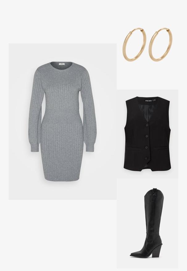 Musta, hihaton, napillinen liivi V-kauluksella, kahdella etutaskulla ja sileällä vuorella, merkinnällä "PIECES".; JDY JDYPRIME LIFE O NECK WAIST DRESS - Kotelomekko - medium grey melange; RAID SURREY - Biker-/cowboysaappaat - black; Kultaketjut, joissa on tasainen, kiiltävä pinta. Pyöreä muoto, keskipainoinen koko ja turvallinen sulkemismekanismi.