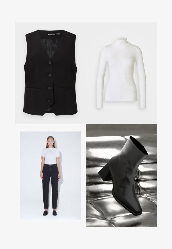 Zwarte mouwloze button-down vest met V-halskraag, twee voorzakken met bies en een gladde binnenvoering, met het label "PIECES".; Witte geribbelde coltrui met lange mouwen, voorzien van een aansluitend ontwerp en zachte textuur. Platte kraag en naadloze uitstraling.; Jonge vrouw met steil haar draagt een wit shirt met korte mouwen, hooggetailleerde zwarte spijkerbroek, zwarte instapschoenen en een hangerketting, staand.; Zwarte enkellaarsjes van glanzend materiaal met een vierkante neus en taps toelopende hak, afgezet tegen een glanzende zilveren gecapitonneerde achtergrond.