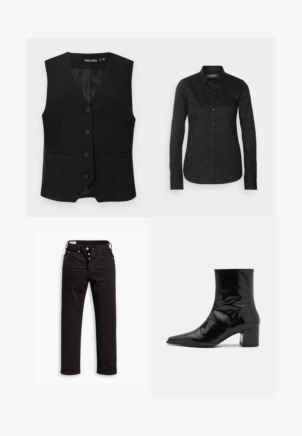 Zwarte mouwloze button-down vest met V-halskraag, twee voorzakken met bies en een gladde binnenvoering, met het label "PIECES".; Mos Mosh TILDA SHIRT - Overhemdblouse - black; Zwarte rechtlopende jeans met knoopsluiting, voor- en achterzakken, en koperen klinknagels op een witte achtergrond.; Zwarte gepatineerde leren enkelboot met een spitse neus, gestructureerde bovenkant en een chunky hak. Beschikt over een gladde, glanzende textuur.