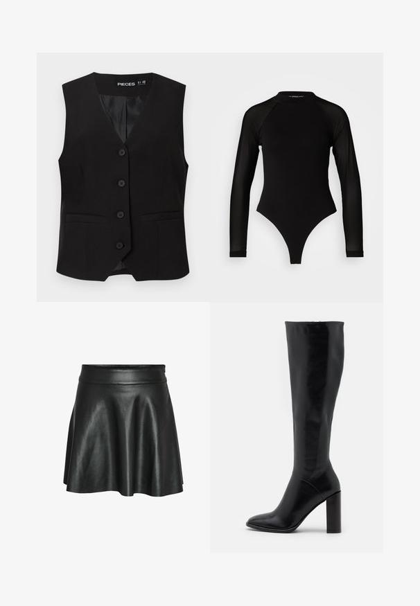 Veste sans manches noire boutonnée avec col en V, deux poches avant passepoilées, et une doublure intérieure lisse, étiquetée "PIECES".; Bodysuit noir à manches longues avec col haut, doté d'un tissu solide sur le torse et de manches en maille transparente, conçu dans une coupe ajustée.; Jupe en simili cuir noir avec une coupe évasée en ligne A, présentant une texture lisse et brillante ainsi qu'une taille ajustée.; Bottes en cuir noir jusqu'au genou avec un bout pointu et un talon épais. Texture lisse avec des accents minimaux et un design de tige ajustée.