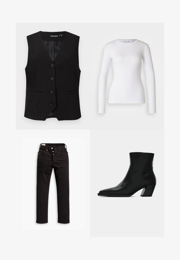 Veste sans manches noire boutonnée avec col en V, deux poches avant passepoilées, et une doublure intérieure lisse, étiquetée "PIECES".; Chemise blanche à manches longues en tissu côtelé, avec un col rond et une coupe cintrée. Aucun motif ni accent présent.; Jean noir à jambe droite avec fermeture à boutons, poches avant et arrière, et détails en rivets cuivrés sur fond blanc.; Bottine en cuir noir avec un bout pointu, une silhouette élégante et un talon carré massif. Texture lisse avec des détails de couture minimalistes.