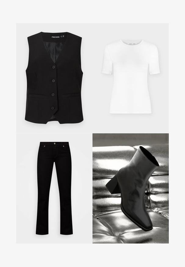 Zwarte mouwloze button-down vest met V-halskraag, twee voorzakken met bies en een gladde binnenvoering, met het label "PIECES".; Wit T-shirt met korte mouwen en een ronde hals, een slanke pasvorm en geribbelde stof, weergegeven op een effen lichtgrijze achtergrond.; Zwarte denimjeans met een slim fit, vijf-pocket ontwerp, knoopsluiting en subtiele koperen accenten op de klinknagels.; Zwarte enkellaarsjes van glanzend materiaal met een vierkante neus en taps toelopende hak, afgezet tegen een glanzende zilveren gecapitonneerde achtergrond.