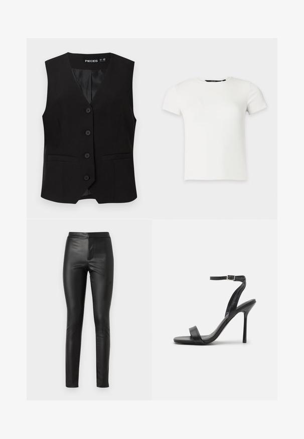 Veste sans manches noire boutonnée avec col en V, deux poches avant passepoilées, et une doublure intérieure lisse, étiquetée "PIECES".; T-shirt blanc à manches courtes en maille côtelée avec col rond, présenté sur un fond uni gris clair.; Leggings en cuir noir avec une texture lisse, coupe slim et taille haute. Comprend une couture avant pour une apparence élégante.; Sandale à talons hauts noire avec une fine sangle au niveau de la cheville et deux bandes à l'avant. Fabriquée en cuir lisse avec un bout pointu élégant et un talon aiguille.