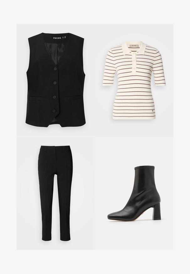 Zwarte mouwloze button-down vest met V-halskraag, twee voorzakken met bies en een gladde binnenvoering, met het label "PIECES".; Geribde polo shirt in crème met bruine horizontale strepen. Voorzien van een kraag, knoopsluiting en korte mouwen. Subtiele logodetail aan de zoom.; Zwarte op maat gemaakte broeken met een slim fit, rechte voorkant en geen zichtbare zakken, met een gladde textuur en een nette afwerking aan de zoom.; Zwarte leren enkellaarzen met een gladde textuur, een puntige neus en een blokhak. Voorzien van een rekbare bovenzijde met contrasterende steken.