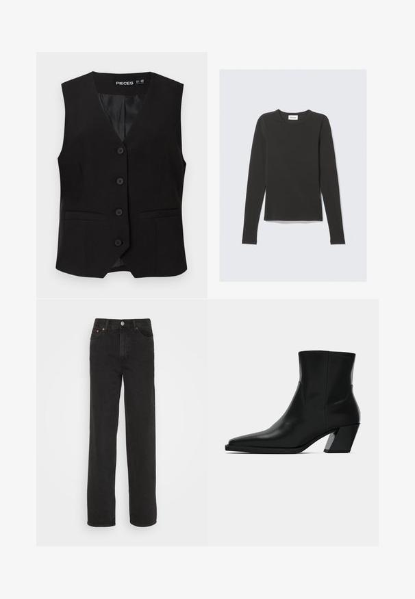 Zwarte mouwloze button-down vest met V-halskraag, twee voorzakken met bies en een gladde binnenvoering, met het label "PIECES".; Zwart T-shirt met lange mouwen en ronde hals, slim fit, plat gelegd op een lichtgrijze achtergrond.; Zwarte rechte jeans met vijf zakken, een knoop aan de voorkant en riemlussen, weergegeven tegen een witte achtergrond.; Zwarte leren enkelboot met een spitse neus, een slanke silhoeet en een chunky vierkante hak. Gladde textuur met minimale stikdetails.