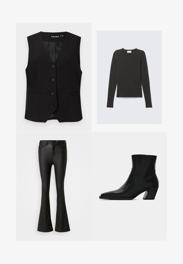 Veste sans manches noire boutonnée avec col en V, deux poches avant passepoilées, et une doublure intérieure lisse, étiquetée "PIECES".; T-shirt noir à manches longues avec col rond et coupe ajustée, posé à plat sur un fond gris clair.; Jean évasé noir en tissu brillant et lisse. Comprend une taille haute, des poches avant, et une braguette zippée avec un bouton de fermeture.; Bottine en cuir noir avec un bout pointu, une silhouette élégante et un talon carré massif. Texture lisse avec des détails de couture minimalistes.