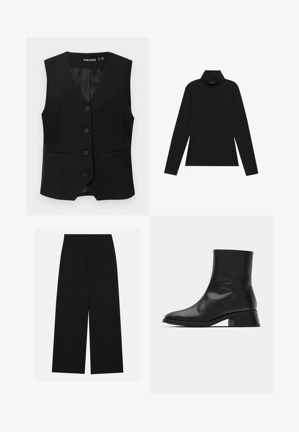Sort ærmeløs vest med knapper og V-formet krave, to forlommer med kant og en glat inderforing, mærket "PIECES".; Sort turtleneck med lange ærmer. Blødt stof, tætsiddende design, høj krave og sidesøm. Simpel og alsidig stil, der er velegnet til lag-på-lag.; Breddebenede sorte bukser lavet af et glat stof. Har en flad talje med bæltestropper og ingen synlige lommer. Simpelt design.; Sort ankelstøvle lavet af blank læder, med et strømlinet design, spids tå og en moderat blokhælhøjde for stabilitet.