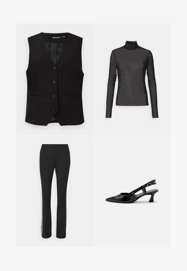 Veste sans manches noire boutonnée avec col en V, deux poches avant passepoilées, et une doublure intérieure lisse, étiquetée "PIECES".; Un haut noir à manches longues et col roulé présentant un motif ondulé composé de petits trous, orné d'accents métalliques pour un aspect texturé.; Pantalon noir avec une coupe droite, présentant un panneau latéral texturé, créant un contraste avec le tissu lisse du pantalon.; Chaussure slingback en cuir verni noir à petit talon, bout pointu et bride réglable avec boucle dorée sur fond blanc.