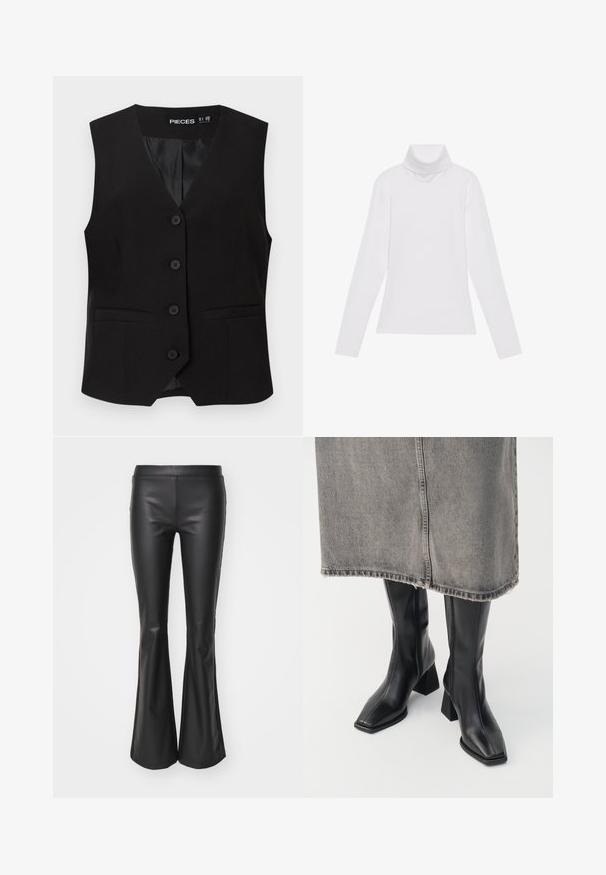 Veste sans manches noire boutonnée avec col en V, deux poches avant passepoilées, et une doublure intérieure lisse, étiquetée "PIECES".; Haut à col roulé à manches longues blanc, fabriqué en tissu lisse et extensible. Il présente un col haut et une coupe ajustée, sans motifs ni embellissements visibles.; Pantalons évasés en simili cuir noir avec une texture lisse et une taille élastique ; ajustés au niveau des cuisses avant de s'évaser en bas.; Bottes noires montantes en cuir lisse avec un bout carré et un talon bloc. Portées avec une jupe en denim grise à l'ourlet effiloché.