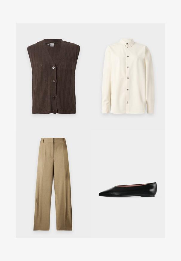 Gilet sans manches marron foncé en tricot avec côtes verticales et quatre boutons devant, avec un col en V et une petite étiquette de marque à l’intérieur du col.; Soulland DAMON SHIRT - Chemisier - white; Pantalon beige à jambes larges avec passants de ceinture, pli avant, et détails discrets sur les coutures latérales, présenté de face sur un fond uni.; Chaussure plate en cuir noir pour femme, avec bout pointu et petit talon, vue de côté sur un fond gris clair uni.