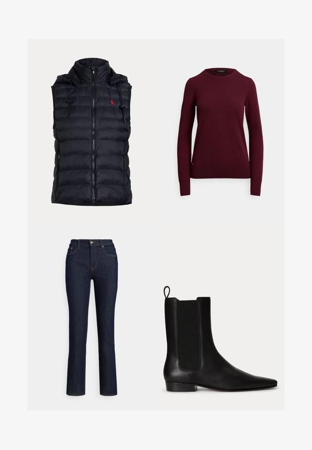 Sort quiltet vest uden ærmer med lynlås foran, snøretræk i hætten, sidelommer med lynlås og lille rødt broderet logo på brystet.; Vinrød pullover sweater lavet af blødt, let strikstof, som har ribstrikket kant og ærmegab, med rund hals og uden mønstre.; Mørkeblå denimjeans med lige ben, høj talje, diskrete syningsdetaljer og en klassisk fem-lomme-stil.; Sort læderankelstøvle med elastisk sidel panel, trækstrop bagpå, lav hæl og spids tå.