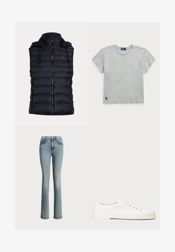 Veste sans manches matelassée noire avec fermeture éclair frontale, capuche à cordon, poches latérales zippées et petit logo rouge brodé sur la poitrine.; T-shirt en coton gris à manches courtes avec un col rond et un petit logo marine en bas à gauche. Texture douce, design décontracté.; Jeans en denim bleu clair avec une taille ajustée, design à jambe droite et décoloration subtile. Comprend des poches avant et une fermeture à bouton classique.; Sneaker en toile blanche avec un bout rond, fermeture lacée et un détail de logo discret. Caractéristiques d'un tissu texturé et d'une semelle en caoutchouc.