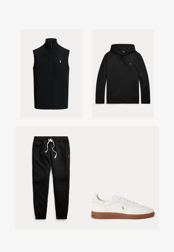 Čierna fleeceová vesta s vysokým golierom, predným zipsom, vertikálnym vreckom na hrudi a dvoma bočnými vreckami. Na hrudi má malú logo.; Čierna mikina Polo Ralph Lauren s dlhým rukávom s kapucňou, šnúrkami a malým červeným vyšívaným logom koňa na ľavej strane hrudníka.; Čierne tepláky s bielym šnúrkom, elastickými manžetami, bočnými vreckami a malým červeným logom na ľavom stehne.; Biele nízke tenisky s hnedou podrážkou, šnurovaním vpredu a malým zlatým logom Polo Ralph Lauren na boku.