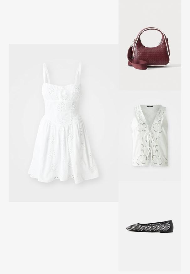 Blusa blanca sin mangas con recortes de encaje floral, bordes en forma de concha y dos cierres frontales de lazo, sobre un fondo liso.; Vestido blanco con tirantes de espagueti ajustables, un corsé ajustado y una falda acampanada. Presenta bordados en forma de ojal y un detalle de cuerda en el escote.; Zapato plano negro con punta afilada, adornado con tachuelas metálicas en la parte superior, con un reverso liso y plantilla texturizada.; Bolso de mano de cuero tejido color granate con asa curva, ribete blanco, cremallera plateada y correa desmontable de tela ancha para el hombro sobre fondo liso.