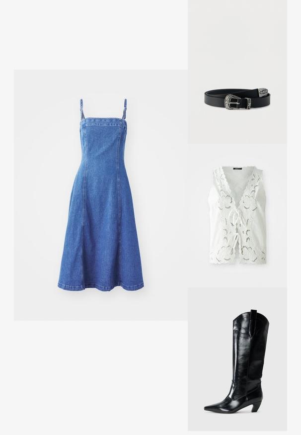 Blusa blanca sin mangas con recortes de encaje floral, bordes en forma de concha y dos cierres frontales de lazo, sobre un fondo liso.; Vestido de mezclilla con un cuerpo ajustado, tirantes ajustables, falda acampanada, color azul medio y costuras visibles. Textura suave.; Botas de cuero negras hasta la rodilla con punta afilada, tacón bajo y detalle de costura decorativa en los laterales. Acabado suave y brillante.; Cinturón de cuero negro con hebilla, trabilla y punta de plata ornamentadas con grabados florales y decorativos, enrollado sobre un fondo blanco.