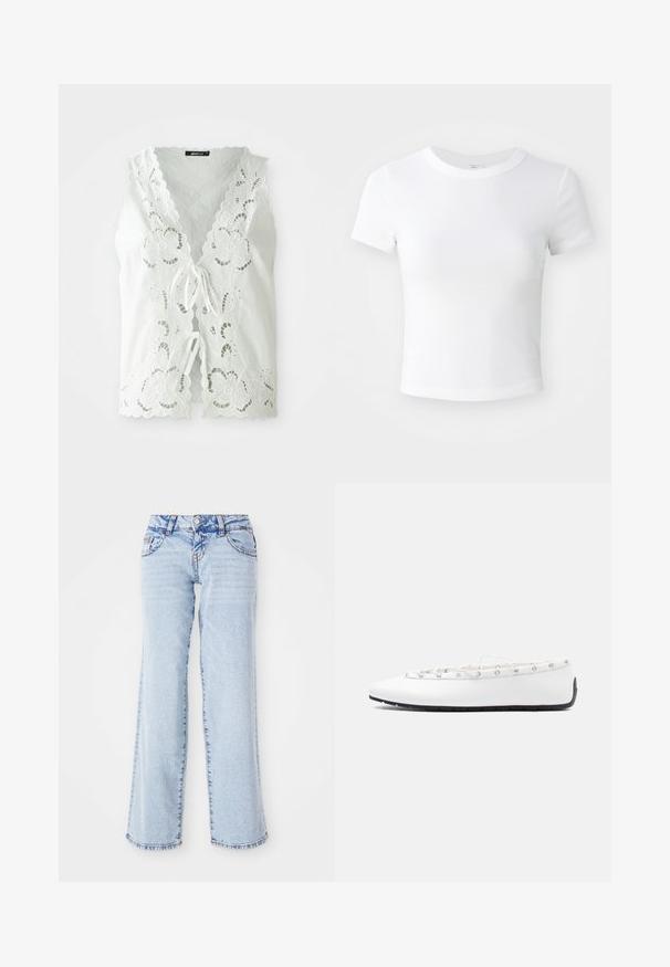 Witte mouwloze blouse met floral kant uitsnijdingen, geschulpte randen en twee voorknoopsluitingen, op een effen achtergrond.; Effen witte cropped t-shirt met korte mouwen en ronde hals, weergegeven op een neutrale lichte achtergrond.; Lichtblauwe denim jeans met een ontspannen pasvorm, rechte benen en subtiele vervaging. Bevat vijf zakken en riemlussen. Verweerd zoomdetail.; Witte leren ballerina met vetersluiting en metalen oogjes, zijaanzicht op een effen lichte achtergrond.