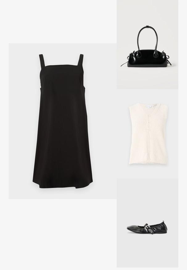 Chaleco sin mangas de color crema con escote en V, hecho de una tela texturizada, que cuenta con tres botones en la parte delantera y un dobladillo recto.; Vestido negro sin mangas con escote cuadrado, hecho de una tela suave, que presenta un corte suelto y recto. Sin patrones ni herrajes visibles.; Zapato plano de piel negra con puntera afilada, detalle fruncido alrededor de la abertura y un acento de hebilla plateada en la correa ajustable.; Pequeño bolso negro brillante con dos asas largas y detalles de cordón lateral sobre un fondo claro liso.