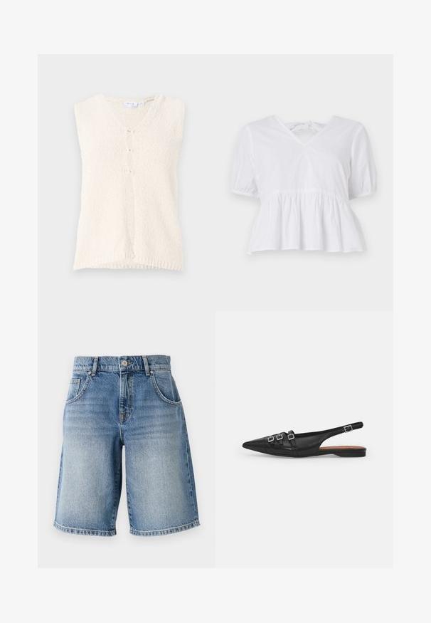 Chaleco sin mangas de color crema con escote en V, hecho de una tela texturizada, que cuenta con tres botones en la parte delantera y un dobladillo recto.; Top peplum blanco hecho de algodón, con mangas cortas abullonadas, un escote en V poco profundo y un cierre de lazo en la parte posterior. Textura suave, diseño casual.; Pantalones cortos de mezclilla en azul claro con un corte recto, cinco bolsillos y herrajes de bronce. Presentan un dobladillo deshilachado y una textura de lavado desgastado.; Zapato plano slingback de cuero negro con puntera puntiaguda, que presenta dos correas horizontales y hebillas plateadas cuadradas, tacón bajo y textura suave.