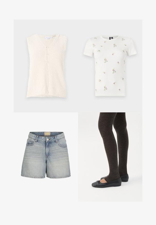 Chaleco sin mangas de color crema con escote en V, hecho de una tela texturizada, que cuenta con tres botones en la parte delantera y un dobladillo recto.; Camiseta blanca de algodón con mangas cortas, que presenta una textura acanalada y bordados florales dispersos en tonos rosas y verdes por toda la prenda.; Shorts de mezclilla azul claro con una cintura alta, que cuentan con un cierre de botón, cinco bolsillos y un ligero desgaste para un aspecto texturizado.; Piernas con leggings oscuros acanalados combinados con bailarinas negras que presentan pequeños detalles de lazo sobre un fondo blanco.