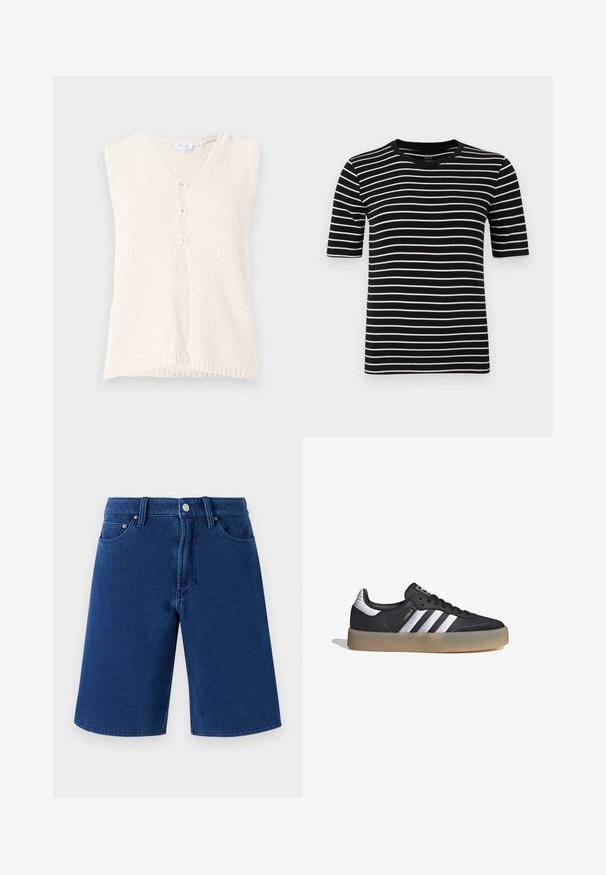 Chaleco sin mangas de color crema con escote en V, hecho de una tela texturizada, que cuenta con tres botones en la parte delantera y un dobladillo recto.; Camiseta de rayas negras y blancas, de mangas cortas, cuello redondo, hecha de suave punto de algodón, con rayas uniformes y un ajuste estándar.; Shorts de mezclilla azul con un corte recto, diseño de cinco bolsillos y una cinturilla visible que cuenta con un botón de metal y trabillas para el cinturón.; Zapatilla deportiva de cuero negro con tres rayas plateadas, punta texturizada y suela de goma. Cuenta con un collar acolchado y un diseño con cordones.