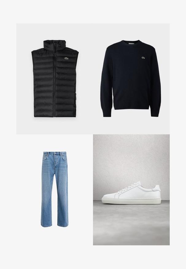 Sort dunvest med høj krave, lynlås lukning og vandrette paneler. Har et lille Lacoste krokodillelogo på brystet.; Marine crew-neck sweater lavet af blødt materiale, med ribbede manchetter og kant. Lille grønt Lacoste-logo på brystet.; Lyseblå denim jeans med lige ben-design, fem lommer, knaplukning, minimal falming og kontraststingdetaljer.; Hvide sneakers med en glat læderoverdel og lav profil. Har en rund tå, seks snørehuller og en tekstureret gummisål.