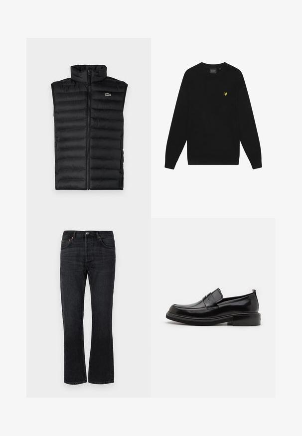 Gilet rembourré noir avec un col montant, fermeture éclair et panneaux horizontaux. Présente un petit logo crocodile Lacoste sur la poitrine.; Sweatshirt en coton noir avec des manches longues et un col rond. Présente un petit logo d'aigle jaune sur la poitrine. Texture douce.; Jeans en denim noir avec une coupe droite, cinq poches et des accents de couture orange. Texture lisse et détails de décoloration minimal.; Calvin Klein MOCCASIN - Mocassins de ville - black