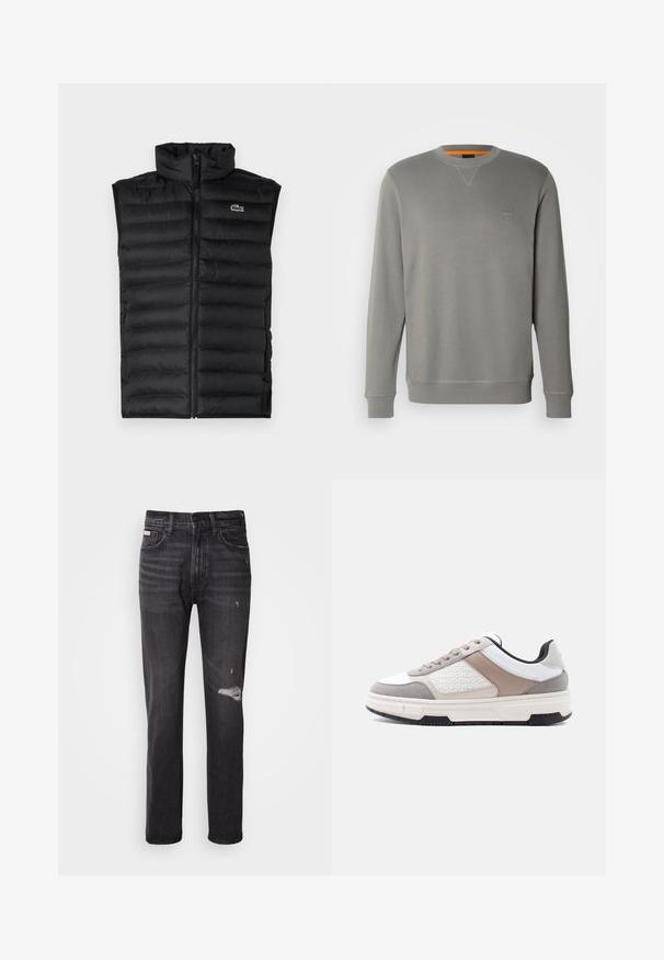 Sort dunvest med høj krave, lynlås lukning og vandrette paneler. Har et lille Lacoste krokodillelogo på brystet.; BOSS WESTART - Sweatshirt - open grey sixteen; Sorte denim jeans med lige ben-design, distressed detaljer ved knæene, fem-lommestil og en diskret falmet finish.; Low-top sneaker i hvid, beige og grå med mønstret sidepanel, beige snørebånd, sorte såldetaljer og polstret sål.