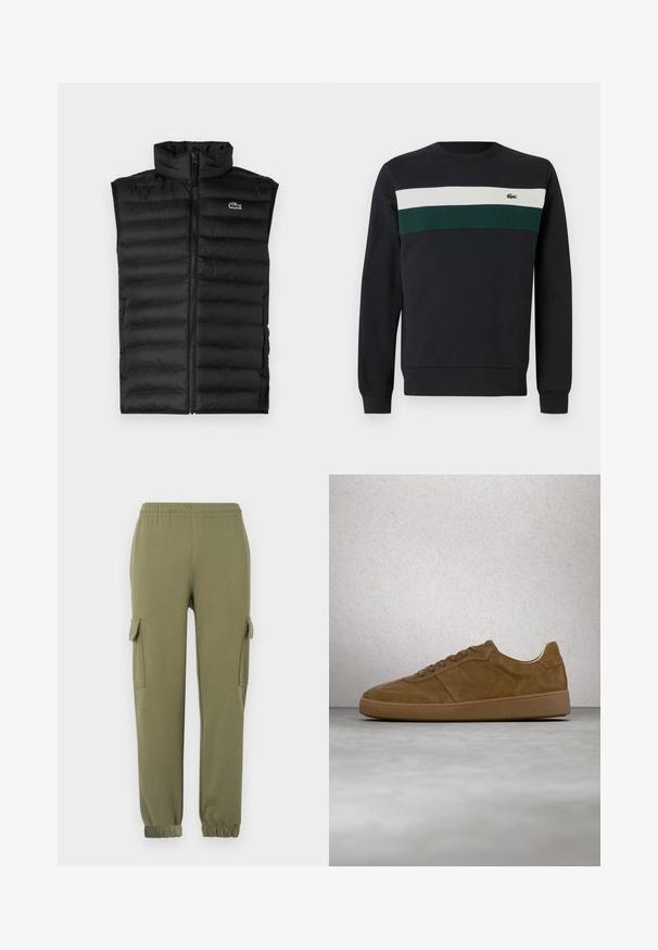 Zwarte puffer vest met hoge kraag, rits sluiting en horizontale panelen. Heeft een klein Lacoste krokodil logo op de borst.; Donkere sweatshirt met een zwarte basis, voorzien van groene en witte horizontale strepen op de borst en een klein geborduurd logo aan de linkerkant.; Cargo broek in olijfgroene lichtgewicht stof, met zijzakken, een elastische tailleband en aansluitende manchetten voor een strakke fit.; Bruine suède sneaker met beige veters en rubberen zool. Heeft een afgeronde neus en gestikte details op het bovenwerk. Lichtgewicht ontwerp.