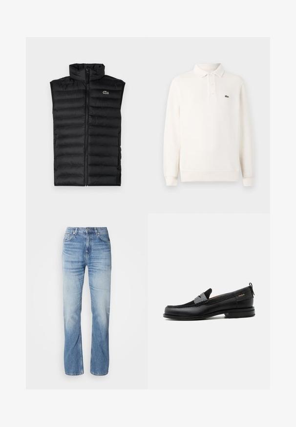 Mustad must vest, mille kõrge kaelusega, lukuga ja horisontaalsete paneelidega. Rinnal on väike Lacoste krokodilli logo.; Pika kreemikas polo särk pikkade varrukatega, tekstuuriga kudumiga, kolme nupuga kaelusega ja rohelise brodeeritud logoga rinna kohal.; Heledad sinised teksad sirge lõikega, kulunud viimistlusega, viie taskuga ja nööpide sulgemisega. Klassikaline disain ja keskmise paksusega.; Must nahast loafer halli rihma detailiga, madala kand ja tekstuurse tallaga, külgedel kuldse "HUGO" brändiga.