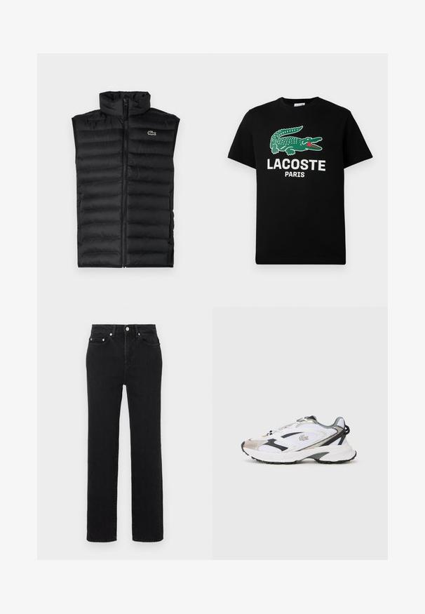 Sort dunvest med høj krave, lynlås lukning og vandrette paneler. Har et lille Lacoste krokodillelogo på brystet.; Sort bomulds T-shirt med et grønt krokodillelogo og teksten "LACOSTE PARIS" i hvid. Korte ærmer og klassisk rund halsudskæring.; Sorte jeans med højtaljet, lige ben, front- og baglommer, sølvfarvet knaplukning og bæltestropper på hvid baggrund.; Hvide sportsko med sølv- og sorte detaljer, mesh-overdel, struktureret sål og et strømlinet design med et logo på siden.