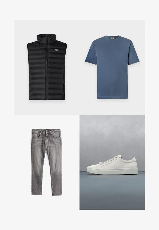Chaleco acolchado negro con cuello alto, cierre de cremallera y paneles horizontales. Presenta un pequeño logo del cocodrilo de Lacoste en el pecho.; Camiseta de algodón azul con cuello redondo y mangas cortas. Presenta una textura suave y un dobladillo recto. Sin patrones o gráficos visibles.; Vaqueros de mezclilla gris con un diseño clásico de cinco bolsillos, corte recto, costuras tonales y una pequeña etiqueta en el bolsillo trasero.; Zapatilla blanca de cuero con punta redondeada, diseño minimalista, cordones grises y suela de goma texturizada gris. Detalles de costura sutiles visibles.