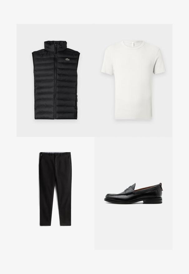 Chaleco acolchado negro con cuello alto, cierre de cremallera y paneles horizontales. Presenta un pequeño logo del cocodrilo de Lacoste en el pecho.; Camiseta blanca lisa de manga corta y cuello redondo, extendida sobre una superficie gris claro, con una pequeña etiqueta de tela en el cuello.; Chinos negros fabricados con material de mezcla de algodón, con un diseño de pierna recta, bolsillos frontales y un sutil detalle del logo en la cintura.; Mocasín de hombre de piel negra con costura moc toe, tira penny, cuello texturizado y tacón bajo apilado sobre fondo blanco.