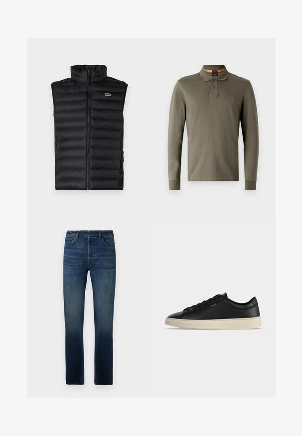 Chaleco acolchado negro con cuello alto, cierre de cremallera y paneles horizontales. Presenta un pequeño logo del cocodrilo de Lacoste en el pecho.; Polo de manga larga en color verde oliva, hecho de algodón suave, con un cuello clásico, tapeta de dos botones y un parche de logo en relieve.; Vaqueros de mezclilla azul con corte recto, que presentan una cintura de media altura, un ligero desgaste y un diseño tradicional de 5 bolsillos.; Zapatilla baja negra de cuero con suela blanca, cordones negros y pequeño logo dorado BOSS en el lateral.