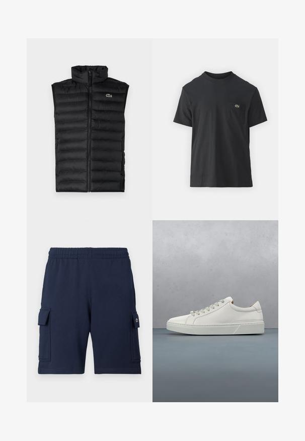 Chaleco acolchado negro con cuello alto, cierre de cremallera y paneles horizontales. Presenta un pequeño logo del cocodrilo de Lacoste en el pecho.; Camiseta de algodón negra de manga corta, con cuello redondo y un pequeño logotipo verde en el bolsillo izquierdo del pecho. Diseño simple, ajuste regular.; Pantalones cortos cargo azul marino hechos de tela suave, con una cintura elástica, dos bolsillos laterales y un pequeño detalle con logo en el bolsillo izquierdo.; Zapatilla blanca de cuero con punta redondeada, diseño minimalista, cordones grises y suela de goma texturizada gris. Detalles de costura sutiles visibles.
