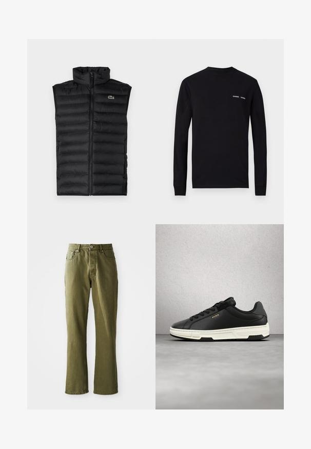 Mustad must vest, mille kõrge kaelusega, lukuga ja horisontaalsete paneelidega. Rinnal on väike Lacoste krokodilli logo.; Must selle pikade varrukatega T-särk on valmistatud puuvillast, millel on ümar kaelus ja kaks valget "SAMSØE" logo trükist vasakul rinnal.; Olive roheline teksad sirge jala disainiga, kaks eesmist taskut, üks tagumine tasku ja eest nupuga kinnitamine. Nähtavad õmblemise detailid.; Mustad madal tenniskinga valge tallaga ja kuldse "HUGO" logoga külgedel, hõljuvalt üle poleeritud betoonpõranda.