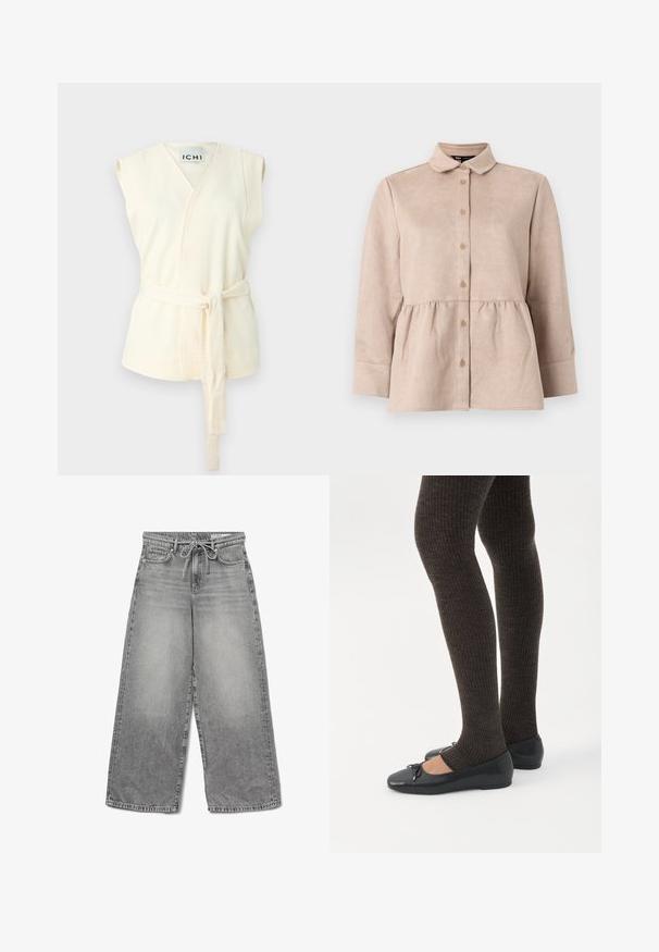 Valkoinen hihaton kietaisupaita, jossa on solmimisvyö, teksturoidusta kankaasta ja V-pääntiestä. Ei lisäkuvioita tai koristeita.; Vaalean beige-suede-paita, jossa on kauluspää ja napitus edessä, sekä peplum-vyötärö. Ominaisuuksiin kuuluvat pitkät hihat ja sileä pinta, jossa on pieniä nappeja.; Valkoiset farkut, joissa on leveät lahkeet ja haalistunut pinta, nauhavyötärö ja perinteinen viiden taskun muotoilu, jossa on näkyviä ompeluyksityiskohtia.; Jalat, joissa tummat ribbineuleiset leggingsit yhdistettynä mustiin balettitossuihin, joissa on pienet rusettikoristeet valkoisella taustalla.