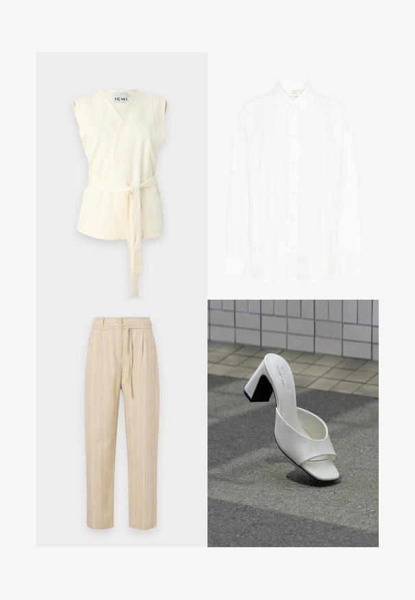 Haut sans manches en ivoire avec une ceinture à nouer, présentant un tissu texturé et un design en V. Aucun motif ou ornement supplémentaire présent.; Chemise blanche à manches longues avec col classique et coupe régulière. Fabriquée en tissu lisse, avec huit boutons sur le devant.; Pantalon beige à rayures avec une coupe décontractée, présentant une taille cintrée, une fermeture à bouton et une ceinture à nouer, fabriqué à partir d'un tissu léger.; Une mule blanche à bout ouvert avec talon bloc posée sur un bitume gris devant un mur carrelé.