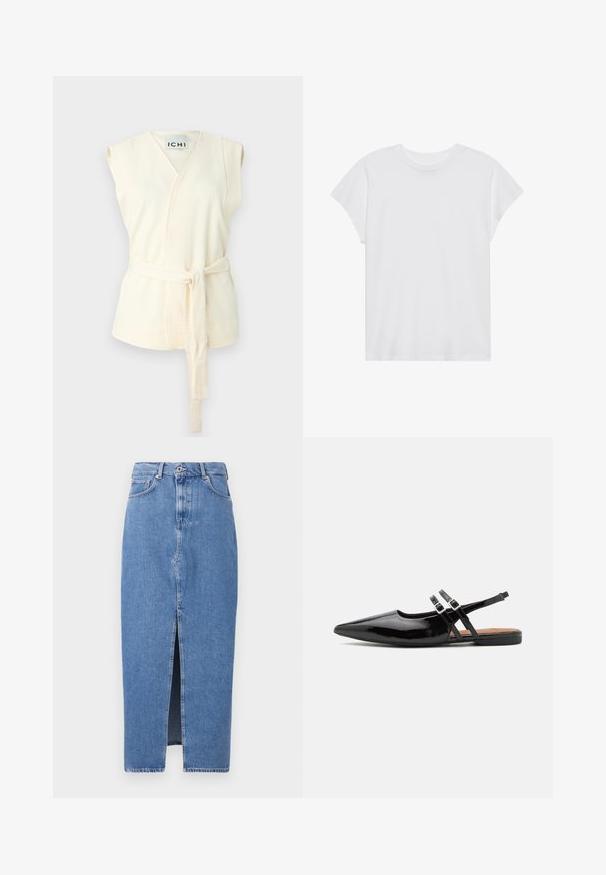 Haut sans manches en ivoire avec une ceinture à nouer, présentant un tissu texturé et un design en V. Aucun motif ou ornement supplémentaire présent.; T-shirt blanc à manches courtes, col rond, coupe décontractée, en tissu de coton doux. Texture lisse, sans motifs ni logos.; Jupe midi en denim bleu clair avec une fente avant, design classique à cinq poches et fermeture par bouton supérieur. Le tissu présente une légère texture.; Des chaussures slingbacks en cuir verni noir présentent un bout pointu, deux sangles avec des accents de boucle, et une semelle plate.