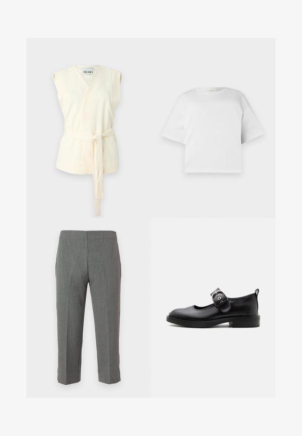 Haut sans manches en ivoire avec une ceinture à nouer, présentant un tissu texturé et un design en V. Aucun motif ou ornement supplémentaire présent.; T-shirt blanc court en coton lisse, avec un col rond et des manches courtes et larges. Design simple et épuré sans motifs visibles.; Pantalons à rayures grises avec un design fuselé, offrant une texture lisse et une longueur raccourcie. Sans fermetures ni poches visibles.; Chaussure Mary Jane en cuir noir avec une semelle épaisse, un bout arrondi, une bride à boucle argentée et un languette à l’arrière.