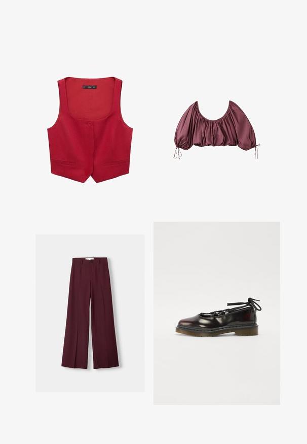 Rød ærmeløs vest lavet af stof, med rund hals, enkelt knaplukning foran og to sidelommer.; Beskåret, off-shoulder bluse i dyb mauve med samlet stof og elastiske pufærmer, bundet ved håndleddene.; Bordeaux bredde benbukser lavet af glat stof, med en frontknaplukning og rene folder for et skræddersyet udseende.; Blanketing mørkerød sko med rund tå, snørebåndsdesign, gummisål og sorte snørebånd, med sølvhardware og synede kanter.