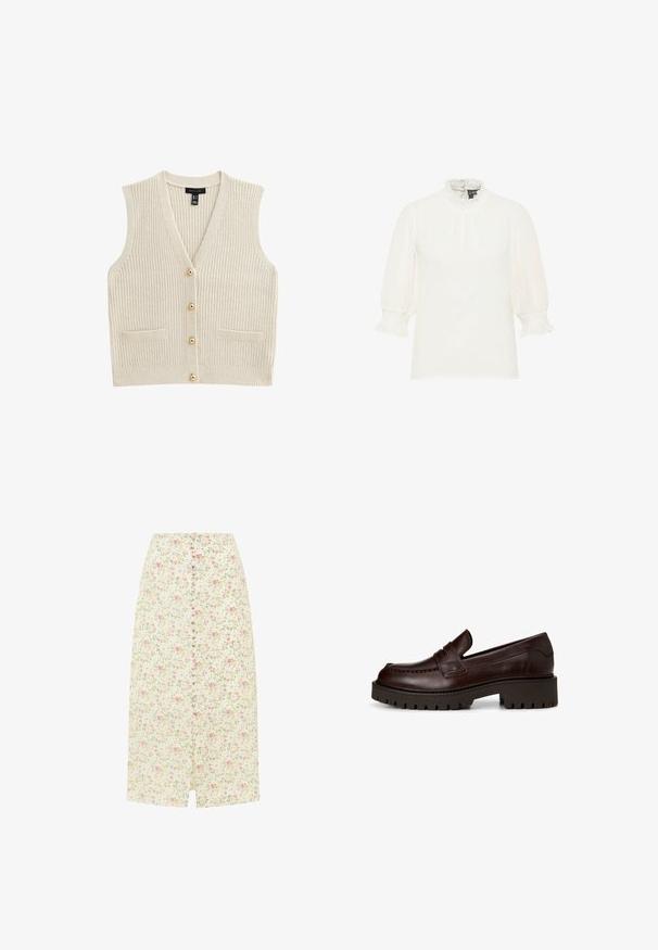 Cramekleurige gebreide mouwloze cardigan met V-hals, vier gouden knopen aan de voorkant en twee kleine voorkruimels.; Witte blouse met driekwart pofmouwen, geplooide manchetten en een hoge geplooide kraag, effen voorkant met subtiele stippenstructuur.; Licht crèmekleurige midirok met roze en gele bloemenprint, vooraan bedekte knopen en een kleine voorsplit.; Donkerbruine leren loafer met dikke geribbelde zool en lage blokhak, instapmodel met gestikte naden en band over de wreef.