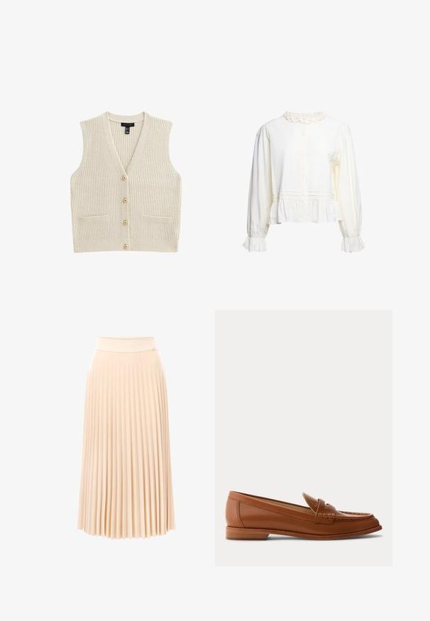 Cramekleurige gebreide mouwloze cardigan met V-hals, vier gouden knopen aan de voorkant en twee kleine voorkruimels.; Wit blouse met lange mouwen, met ruches aan kraag en manchetten, knoopsluiting aan de voorkant en een geplooide peplumzoom.; Plissé midi-rok van zachte perzikkleurige stof. Voorzien van een gestructureerde tailleband en een vloeiend ontwerp met verticale plooien. Soepele, lichtgewicht materiaal.; Bruine leren loafer met lage houten hak, klassieke pennyriem en gestikte details langs de neus en zijkanten.